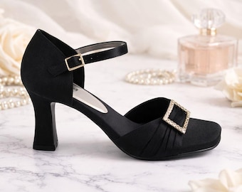 Vintage Black Salsa Satin Heels, Evening Formal Shoe Size 9.5 Rhinestone Buckle, Unlisted by Kenneth Cole Cocktail Wedding Guest Pumps