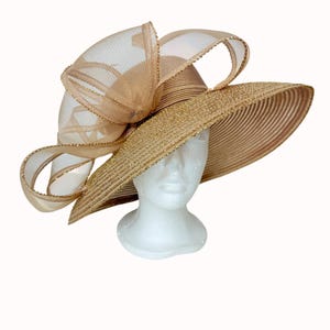 Wide Brim Gold Kentucky Derby Hat: Sheer Bow & Feather  display picture 1