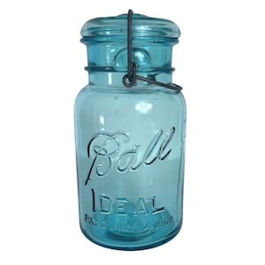 VTG Ball Ideal Aqua Blue Mason Jar Glass Lid Wire Bail Closure Number 10 Quart Farmhouse Country Decor Vase Rustic Collectible Patented 1908