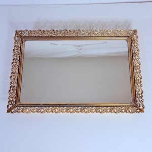 Vintage 70s Hollywood Regency Glam Gold Tone Ornate Rectangular Mirror Vanity Tray With Floral Filigree Decorative Perfume Dressing Table