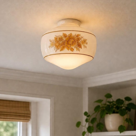 Vintage Milk Glass Ceiling Light Shade, Floral Flush Mount Globe 1970s, Mid Century Lighting Retro Ceiling Fixture Replacement