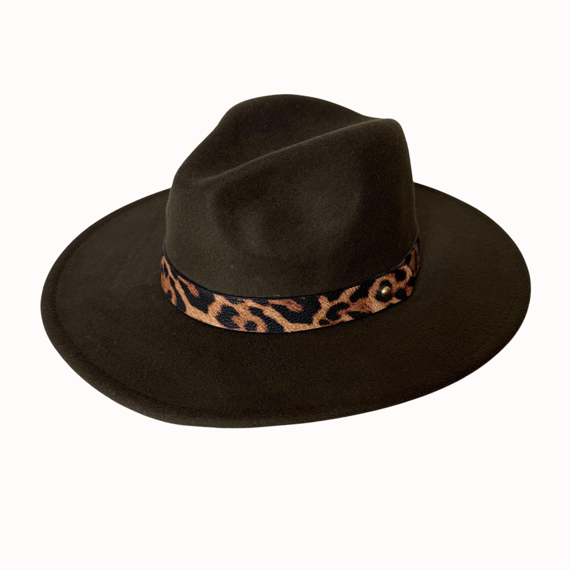 Leopard Print Wide-Brim Fedora Hat - Tan/Black New Leopard Print Fedora Hat, Animal Print Vintage Hat, Womens  main image 3