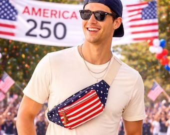 USA Flag Fanny Pack Patriotic Belt Bag, May Love Unisex Crossbody Festival Fashion, America 250 Parade Fourth of July Travel Waist Purse