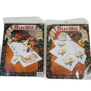 Bucilla Christmas Music Cross Stitch Kits Set of 2 Uncomplete Tablerunner and Napkins VTG 90s Do It Yourself Home Decor Dining Table Kitchen