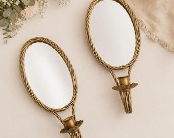 Par de apliques de pared ovalados dorados con espejo y espejo de latón de estilo vintage romántico, decoración de pared, juego de 2 piezas con marco de cuerda trenzada de estilo Hollywood Regency Glam.