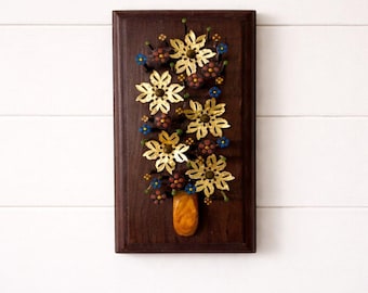 Vintage 70s Nail Art with Brass Floral Accent Wall Hanging, Handmade Folk  Retro Cottagecore Rustic Decor