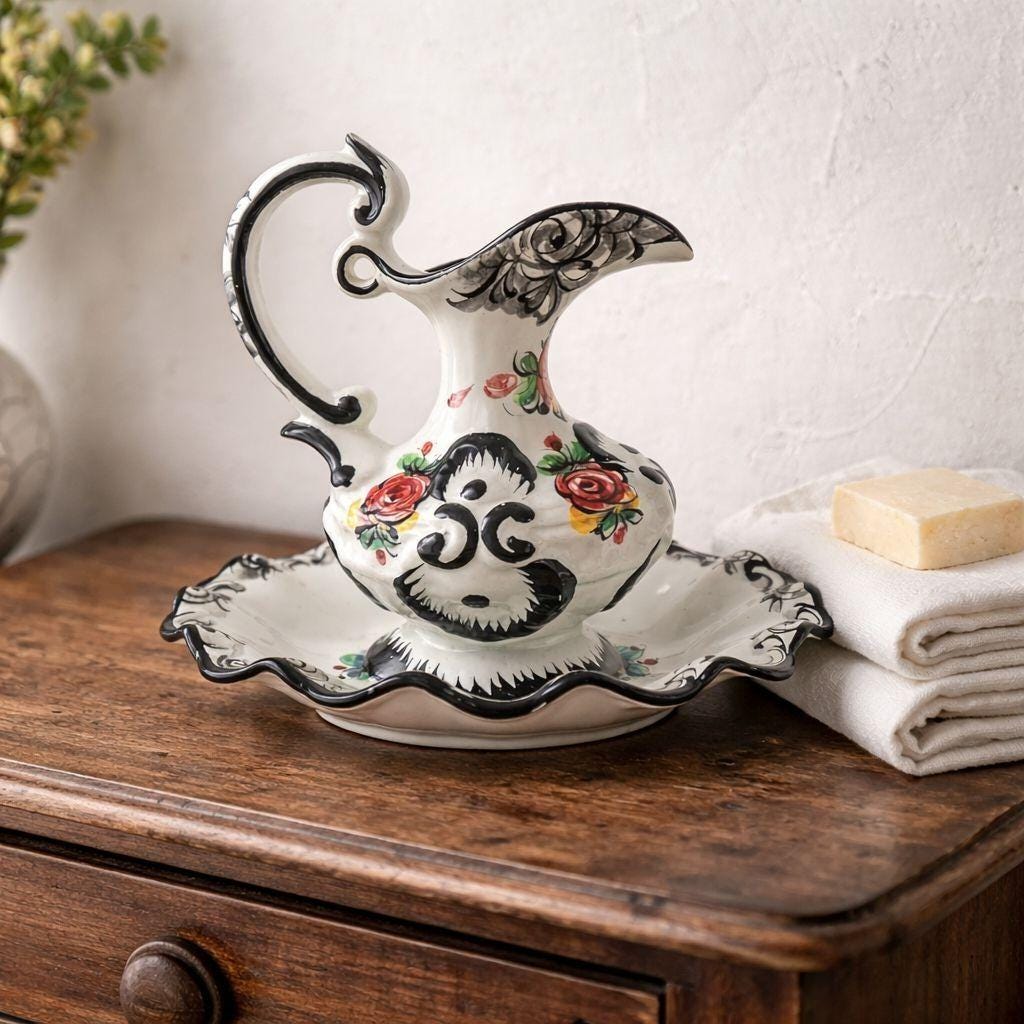 otto keramiek 1970年代 フラワーベース Vintage Vestal Alcobaça Portugal Hand Painted Pitcher and Saucer