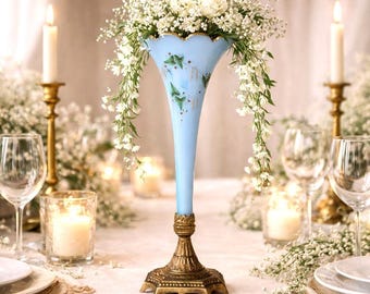 Victorian Blue Glass Epergne Antique Brass Vase, Hand Painted Floral Opaline Wedding Mantel Collector Decor, Flared Trumpet Form Silhouette