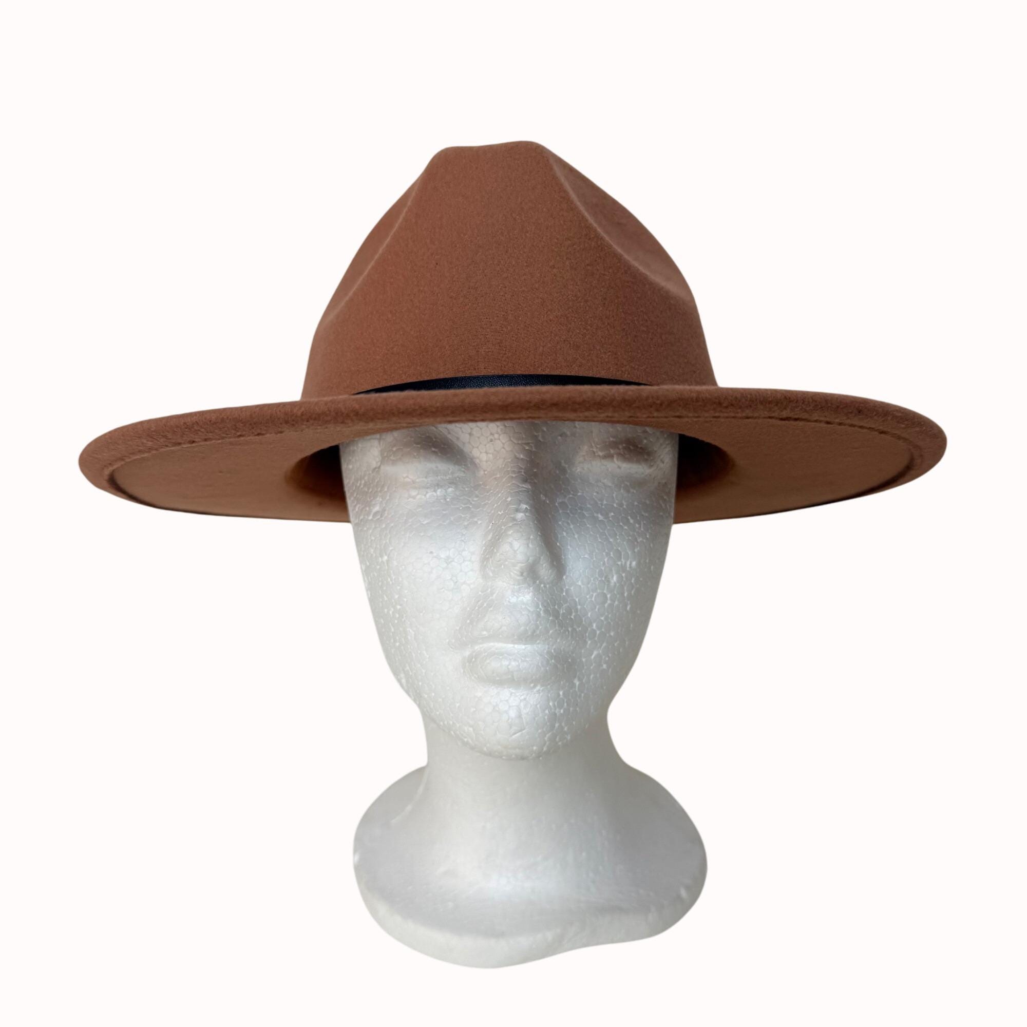 Classic Cowgirl Wide Brim Fedora Tan Hat Black Faux Leather Band Fashion Trendy Tan Wide Brim Fedora Hat With Black Faux Leather Band  main image 2