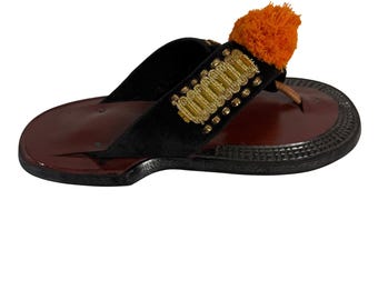 Traditional Ethnic Ahenema Thong Flip Flop Sandals Size 8 Leather Slippers Orange Pom Pom Gold Bling Ghanaian Culture Fashion