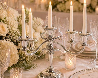 Candelabro de boda vintage elegante, chapado en plata, centro de mesa romántico para la boda, portavelas cónico, estilo sofisticado para eventos festivos.
