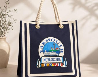 Vintage Yarmouth Nova Scotia Nautical Canvas Tragetasche, Seil Griff Küstenreise Meer Carrryall, Beach Ferry Leuchtturm Maritime Souvenir