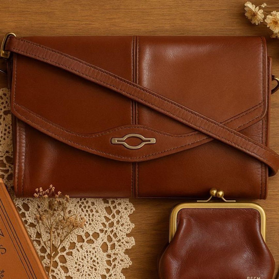 Vintage Reem USA Leather Shoulder Bag Set, Brown Crossbody Purse