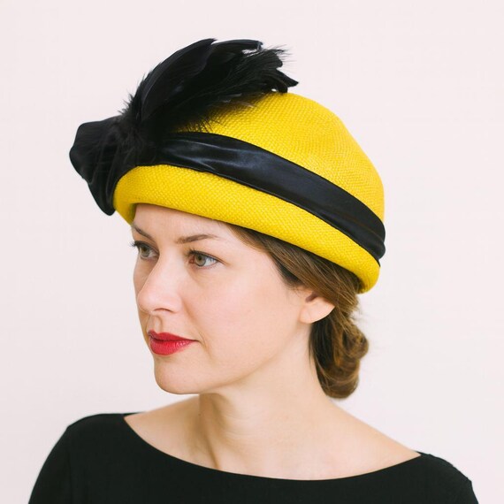 Vintage Mr Charles Yellow Feather Hat, Black Satin Rose  display picture 2