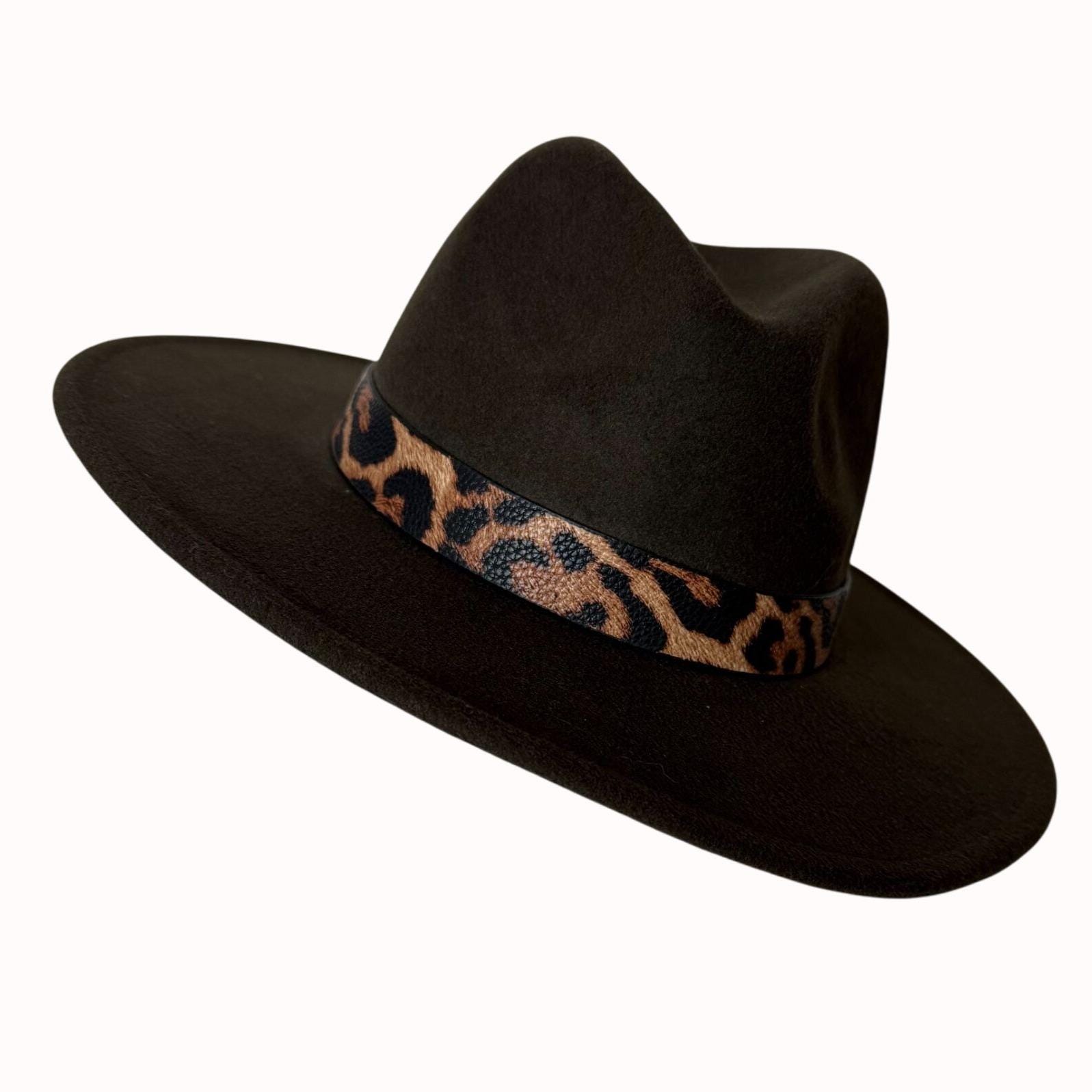 ?Leopard Print Wide-Brim Fedora Hat with Brown Band Fedora Leopard Print Hat With A Brown Leather Band (CFH62  main image 3