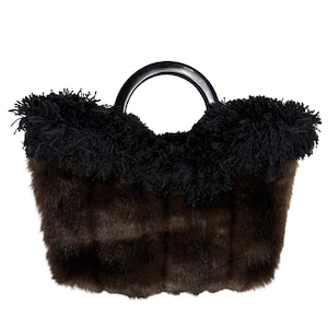 Bolso de mano de piel sintética Mobwife, estilo vintage chic, marrón, negro, con flecos esponjosos y asas acrílicas, accesorio de moda retro para mujer