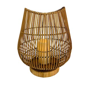 Boho Bamboo Candle Holder Lantern Glass Insert 16&quot; Curved Earthy Rustic Home Decor Pedestal Base Tabletop Handcrafted Bohemian Style