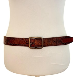 Rio Grande Western Tooled Belt Size 38 Cognac Brown Steerhide Leather Retro 70s Hippie VTG Coastal Cowgirl Distressed Rustic Brass Buckle