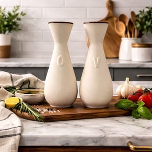 Puede incluir: Dos dispensadores de aceite y vinagre de cerámica blanquecina con bordes marrones y letras en relieve "O" y "V". Se encuentran sobre una tabla de madera con hierbas, tomates y ajo, lo que sugiere un entorno de cocina.