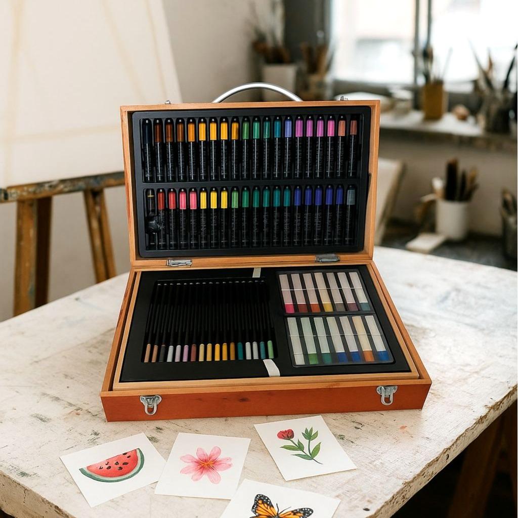 Gallery Wooden Art Supply Box Set, 129 Piece Artist Kit, Portable