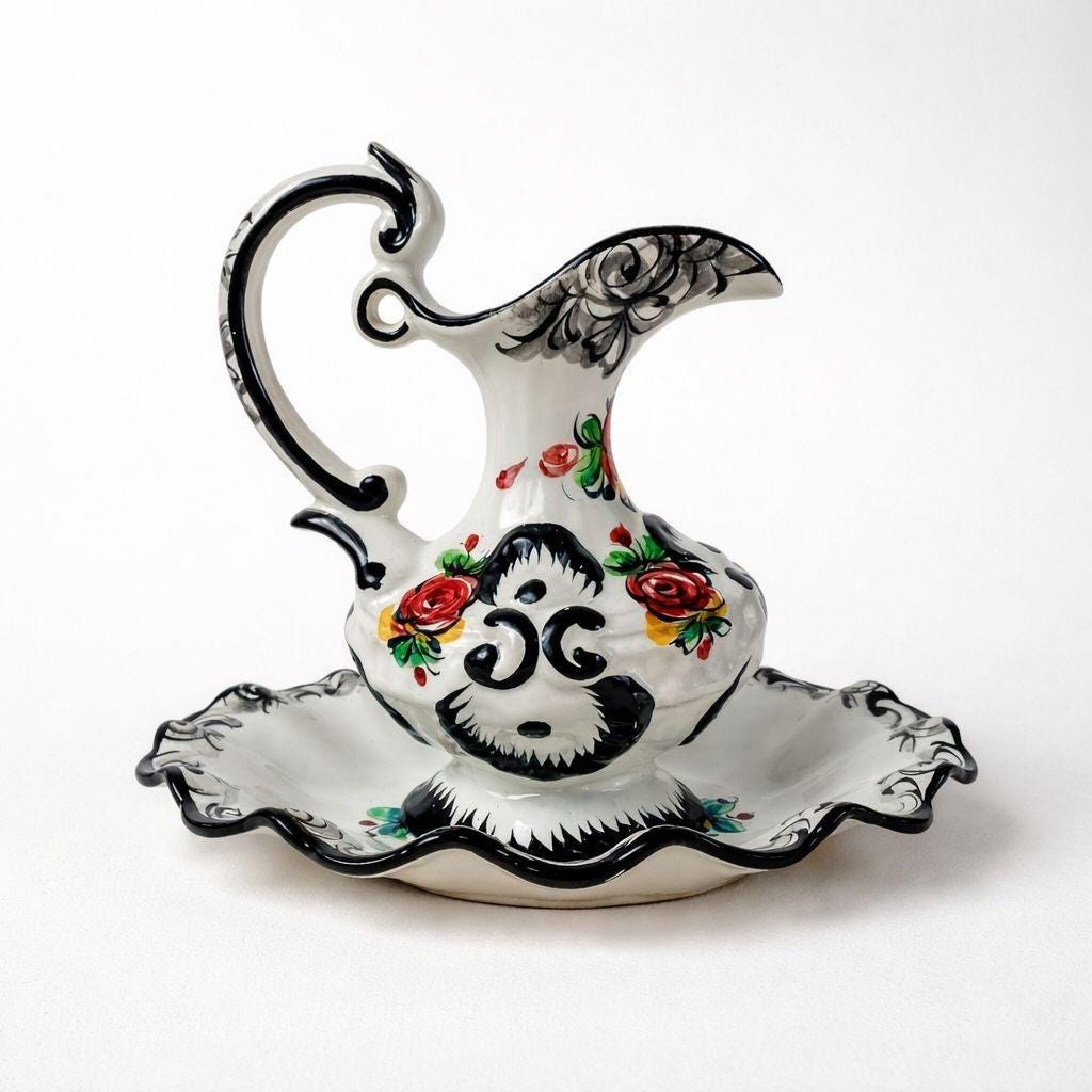 Vintage Vestal Alcobaça Portugal Hand Painted Pitcher and Saucer