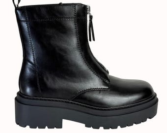Edgy Black Platform Ankle Boots, Rugged Chunky Lug Combat Front Zipper Closure, Comfort Rugged Lugged Soles, Size 9M Biker Chic Grunge Style