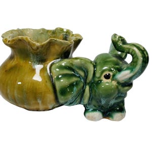 Majolica Glazed Elephant Planter Vintage 50s Ceramic Art Pottery Trunk Up Succulent Ruffled Pot Good Fortune Vase Home and Garden Decor