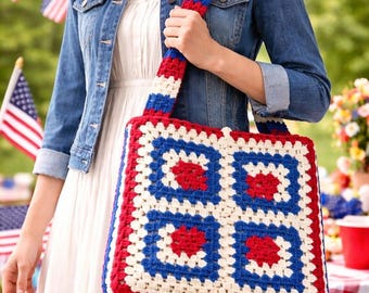 Vintage Handmade Crochet Patriotic Tote Bag, America 250 Red White