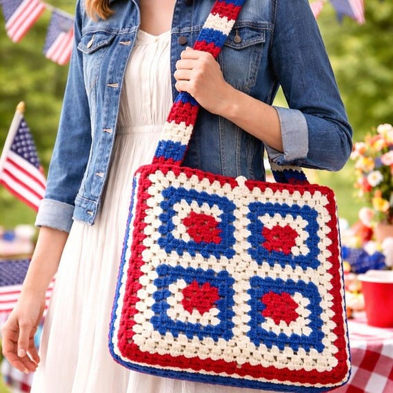 Vintage Handmade Crochet Patriotic Tote Bag, America 250 Red White