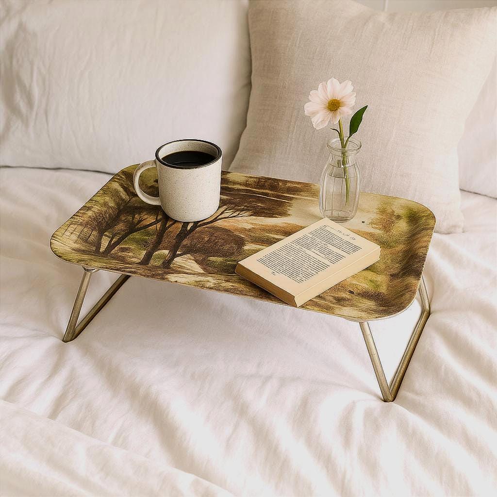 Vintage 1960s Folding Bed and Breakfast Tray Table, Rustic Scenic