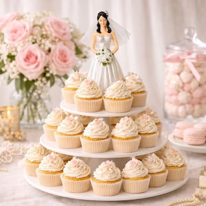 Könnte beinhalten: Mehrstöckige Cupcake-Präsentation mit weißem Zuckerguss und rosa Blumendekorationen, gekrönt von einer Brautfigur. Die Cupcakes sind auf einem weißen Ständer angeordnet, mit einem Blumenstrauß und einem Glas rosa Süßigkeiten im Hintergrund.