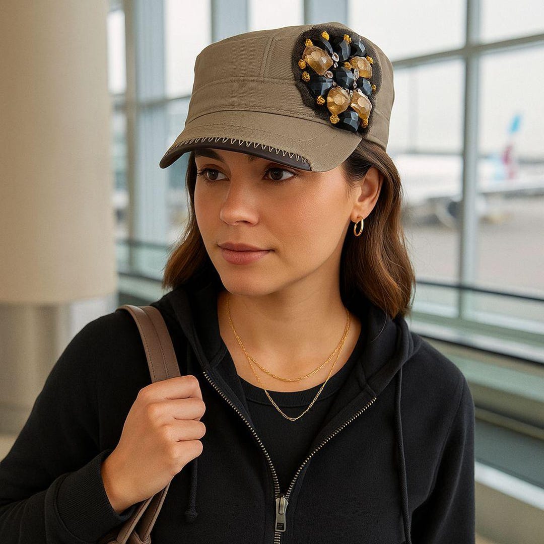Olive Piqué Rhinestone Cap With Beaded Embellishment, Travel  display picture 1
