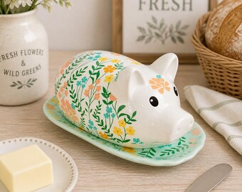 Maselniczka w stylu vintage z motywem świni, ceramiczna dekoracja kuchni w stylu rustykalnym z motywem dzikich kwiatów, naczynia do jadalni w stylu retro z motywem zwierząt gospodarskich