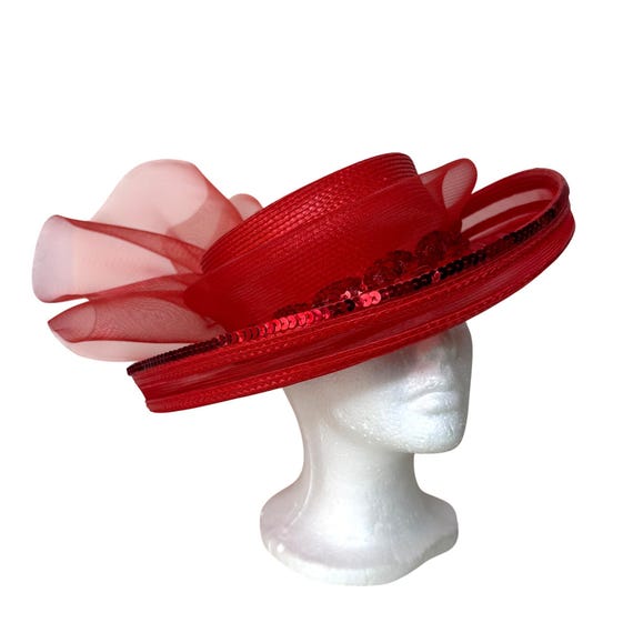 Elegant Red Wide Brim Hat, Flat Top Formal Fashion Tulle Bow  display picture 2