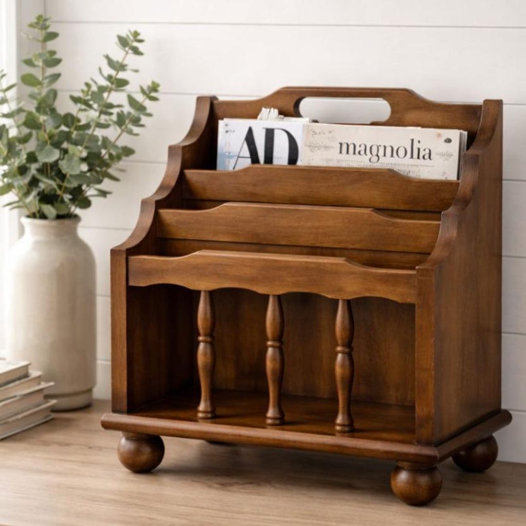 Vintage Leick Mahogany Wooden Magazine Rack, 3 Tier Solid Wood Spindle ...