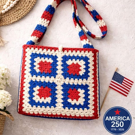 Vintage Handmade Crochet Patriotic Tote Bag, America 250 Red White