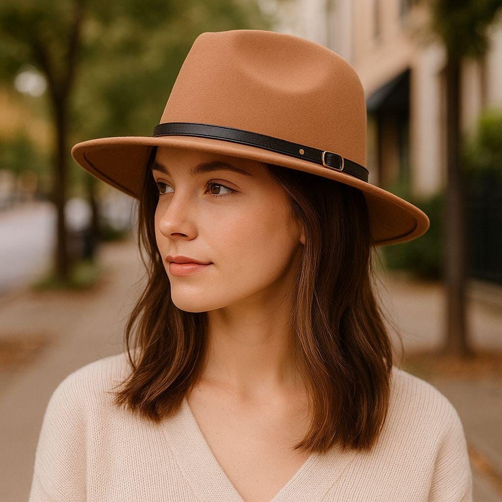 Tan Fedora Winter Wide Brim Hat w/ Faux Leather Trim outlined w/ Silver Studs OS Wide Brim Beautiful Tan Faux Leather Fedora Hat Accented  main image 2
