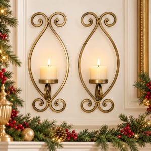 Vintage Gold Tone Wall Sconces Set Of 2, Metal Scroll Candle Holders, Hollywood Regency Grandmillennial Decor