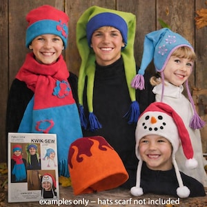 May include: Children wearing colorful winter hats and scarves. The hats include a red and blue beanie, a green and blue elf hat, a blue hat with snowflakes, and a snowman hat. A pattern for the hats and scarf is visible, with the text "KWIK-SEW".