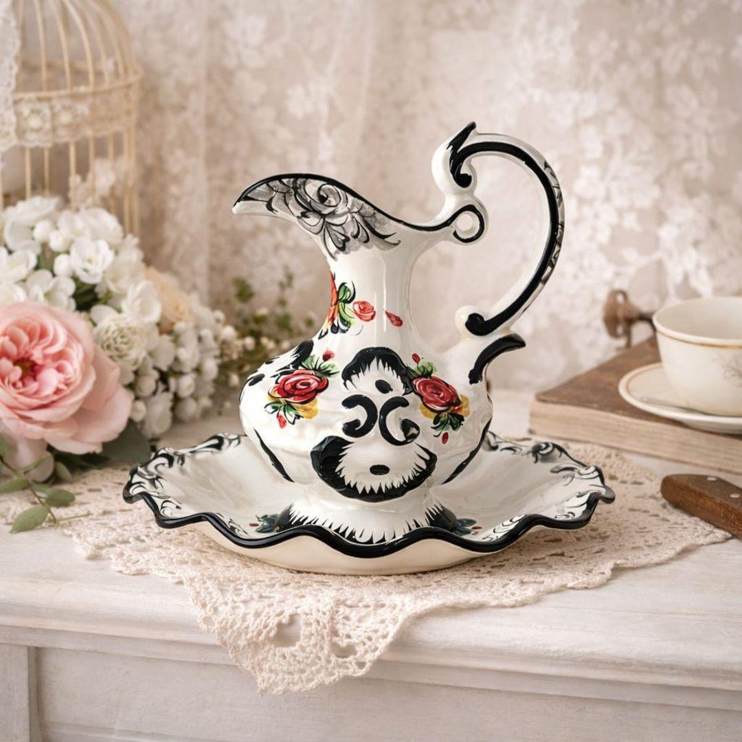 Vintage Vestal Alcobaça Portugal Hand Painted Pitcher and Saucer