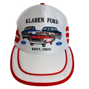 Vintage Ford Three Stripe Trucker Hat Snapback Mesh White Red Illustration Truck Retro  Cap Advertisement Car Show