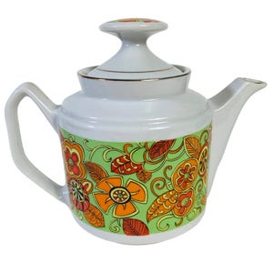 Vintage Retro 70s MCM Tea Pot Orange Flower Child Mod Groovy Motif Daisy Kitchen Decor