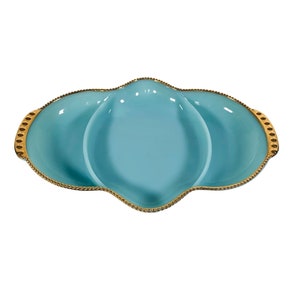 VTG FireKing Delphite 3 Compartment Dish Jewelry Tray Blue 22k Gold Beaded