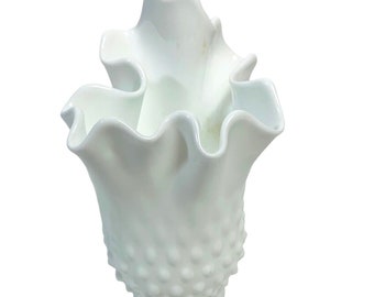 VTG Fenton Style Hobnail Vase Handkerchief Milk Glass Ruffled Edges Crimp Special Event Wedding Decor Centerpiece Baby Bridal Shower