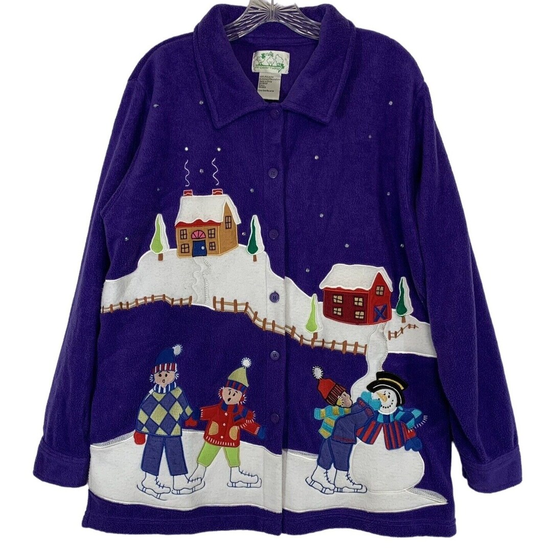 Quacker Factory Christmas Sweater Jacket Size L Purple Kitschy Snowman