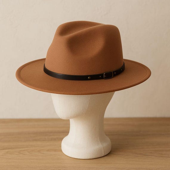 Tan Wide Brim Fedora Hat With Black Faux Leather Band  display picture 1