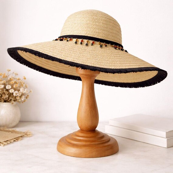 Wide Brim Straw Sun Hat, Floppy Black Fringe Trim Teardrop  display picture 1
