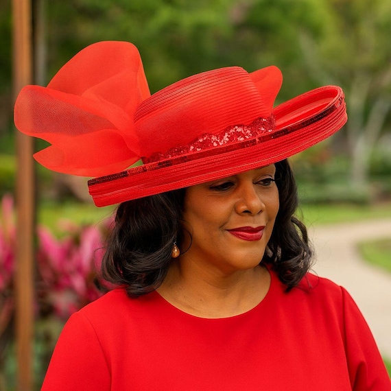 Elegant Red Wide Brim Hat, Flat Top Formal Fashion Tulle Bow  display picture 3
