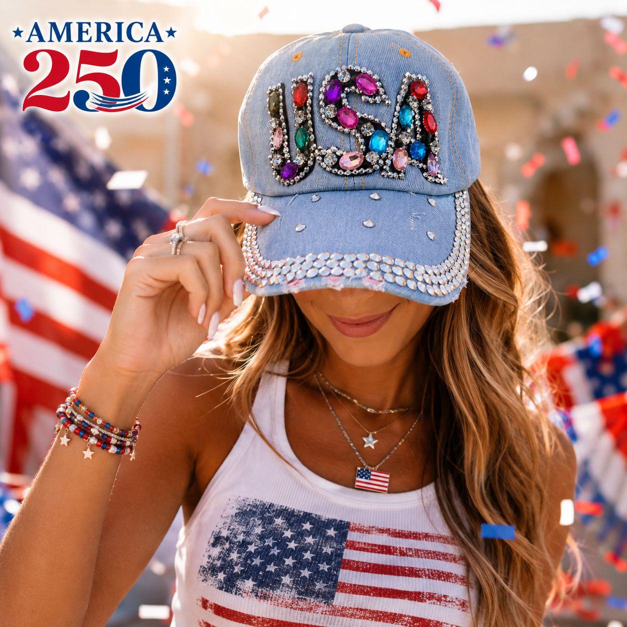 USA Dopamine Rhinestone Baseball Cap Denim Patriotic Glam Hat America 250 Festiv America 250th Anniversary 250 Years NYC USA Washed Denim  main image 4