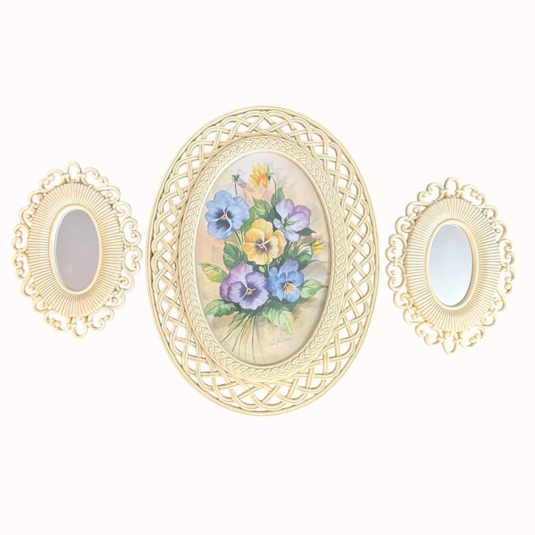 70s Homco Pansy Floral Mirror Set: Vintage Filigree Frames, Signed Art ...